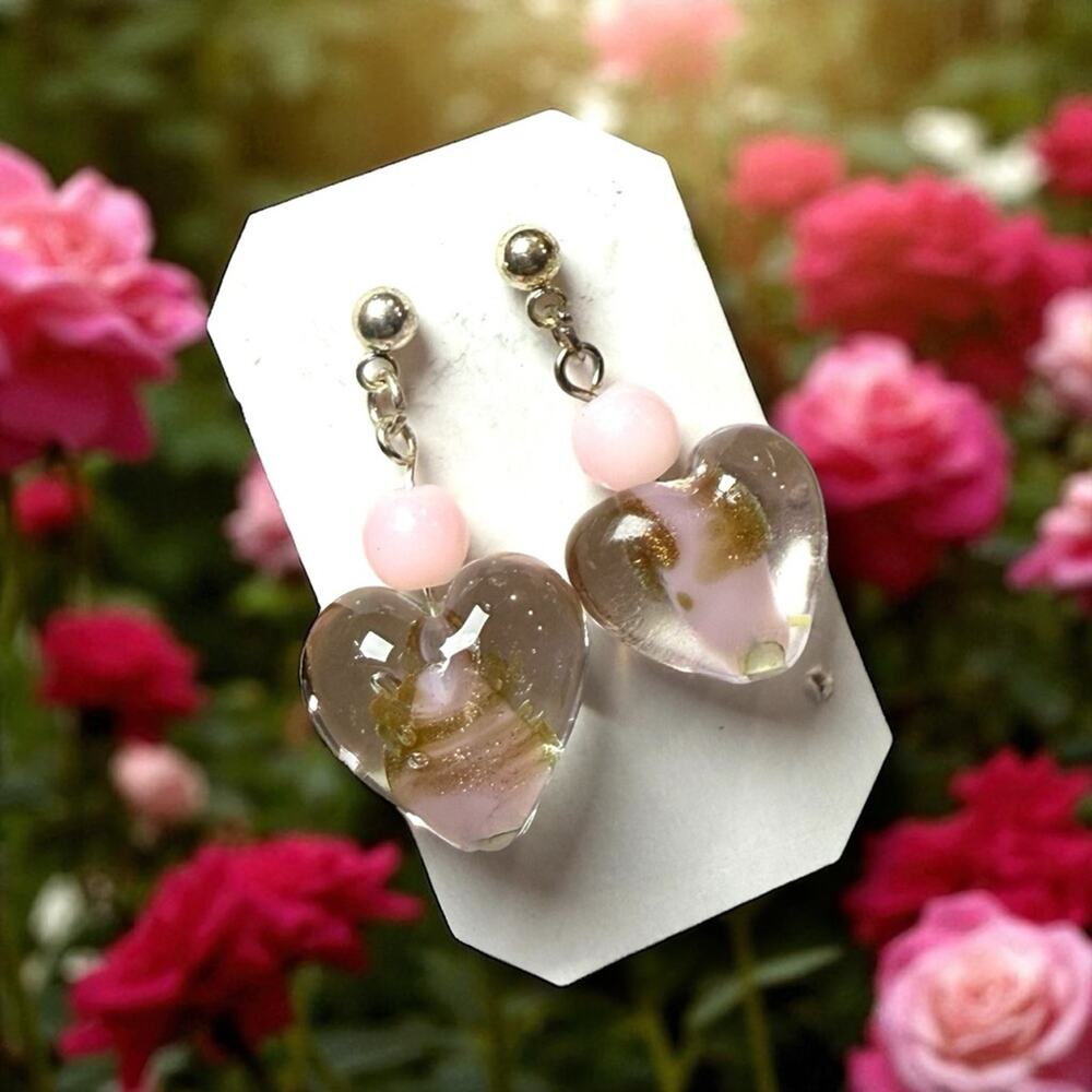 Vintage Glass Heart Beaded Earrings Pink Silver tone 1.25” feminine